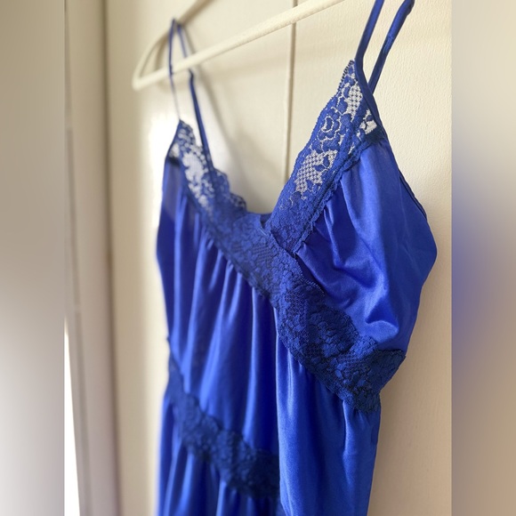 Vintage Slip Dress Royal Blue Vintage Maxi Dress with Asymmetrical Lace Accents - Picture 4 of 8
